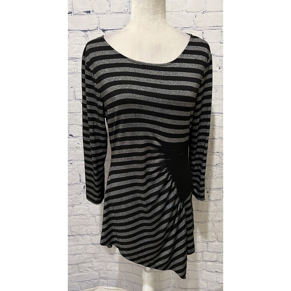Beige By ECI NY Women's Gray Black Striped Knee Length Stretch Dress Large